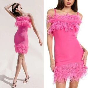 STAUD Etta Dress Feather Trim Stretch Knit Mini Bright Pink Party Festival XS